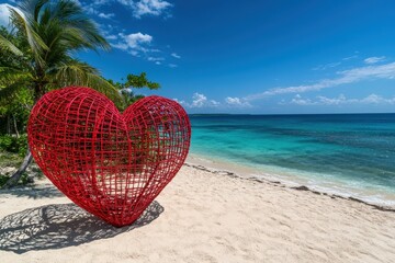 Fototapeta premium Large red heart sculpture on a tropical beach. Perfect for Valentine's Day, romance, or travel themes.