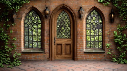 Obraz premium Ornate Wooden Door in Gothic Brick Building