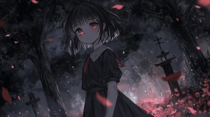 Naklejka premium Melancholy Anime Girl in Dark Forest
