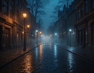 Obraz premium Misty Night Street: Cobblestone Lane with Gaslight Glow
