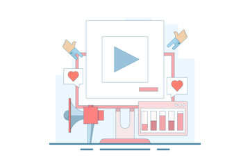 Social media video ad concept, Brand promotion on social media, Content advertising, Social media ad analysis. Content marketing strategy, Marketing analysis. Vector illustration.