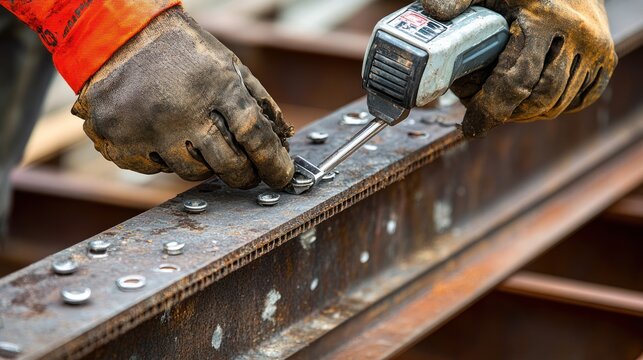 Worker fastens steel beam with huck bolt tool and rivets