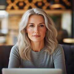 Fototapeta premium Graceful Gaze: A Portrait of a Thoughtful Woman, portrait of a young woman sitting at a table