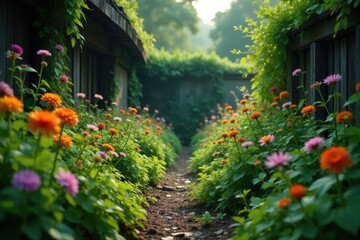 Forgotten garden with overgrown flowers and weeds, nature, decayed