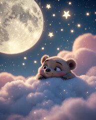 Fototapeta premium Magical Baby Bear Resting on Fluffy Cloud with Stars and Crescent Moon in a Tranquil Night Sky Landscape Kids and Children Book Cover Design Idea Inspiration
