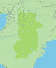 Fototapeta premium 日本の奈良県と隣接する都道府県を含む、シンプルな緑色のロードマップ