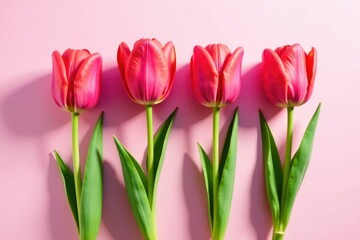 Fototapeta premium Four tulip stems in a delicate pink surface with shadows, greenery, pink