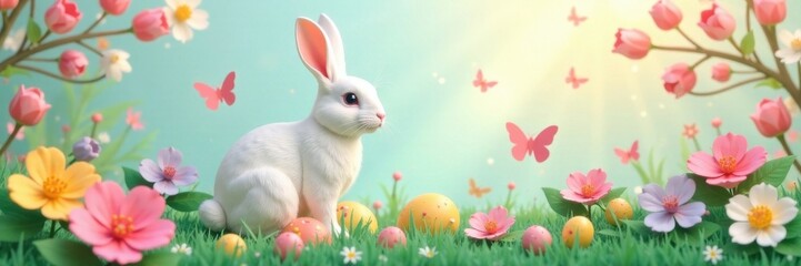 Fototapeta premium Colorful paper cut rabbit sitting on egg with spring flowers and butterflies, animal, pastel colors, colorful eggs