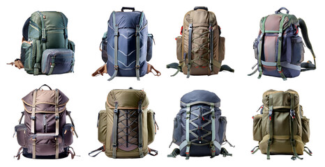 Stylish outdoor hiking backpack with multiple compartments isolated on transparent background