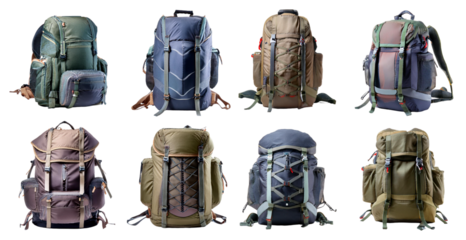 Stylish outdoor hiking backpack with multiple compartments isolated on transparent background