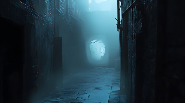 foggy alleyway with a broken mirror revealing a hidden parallel world 