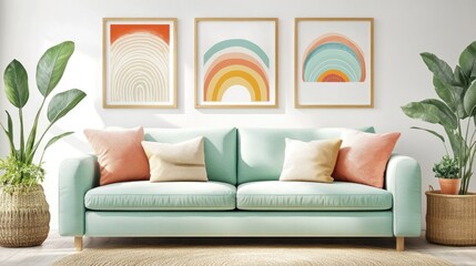 Bright living room displaying artwork above a teal sofa