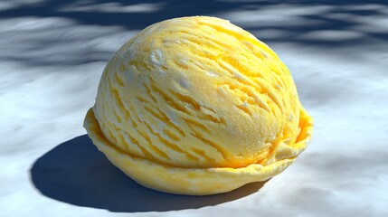 Creamy yellow ice cream scoop, textured surface, sunlight shadows, food photography
