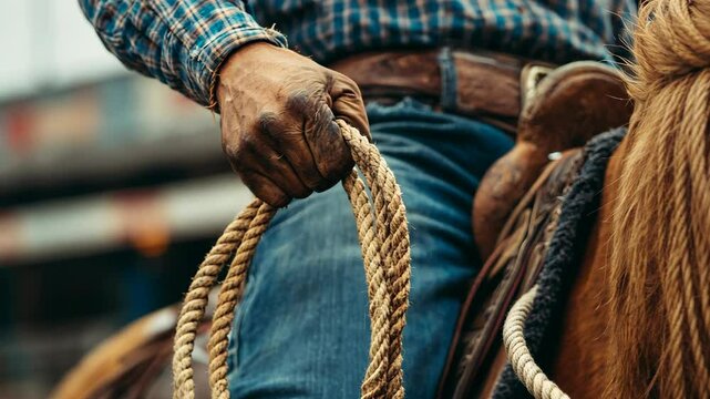 Cowboy gripping a rope while riding a horse during a rodeo event in the countryside