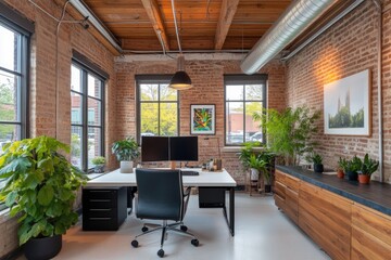 Obraz premium Industrial loft office space with large windows, plants, and a workspace