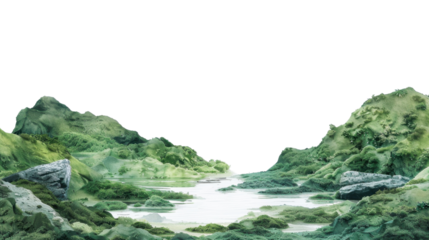 Green mossy hills surrounding a transparent river on transparent background