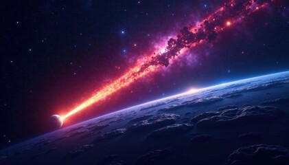 Obraz premium Comet streaks across dark sky, planet Earth visible in distance, astronomy, earth, comet