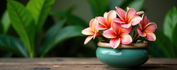 Frangipanier flowers in a decorative container with natural elements, botanical, garden,