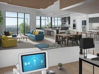 A large living room with a white tablet on a table
