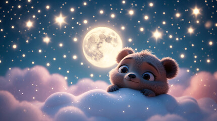 Sweet Baby Bear Resting Peacefully on Cloud with Shimmering Stars and Moon Above in Tranquil Night Sky Kids and Children Book Cover Design Idea Inspiration