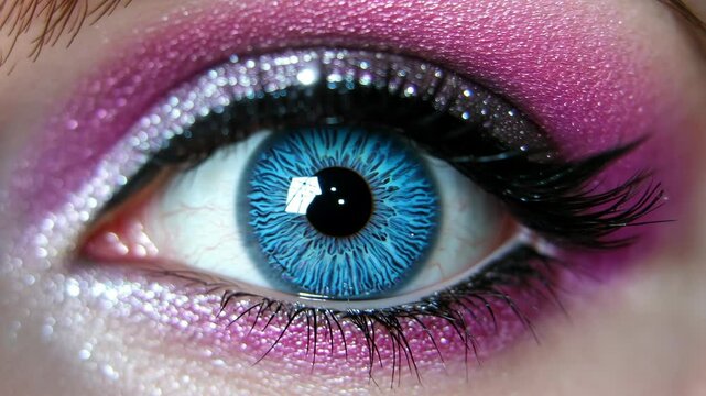 Striking close-up of a vibrant eye with colorful makeup showcasing bold hues and intricate details