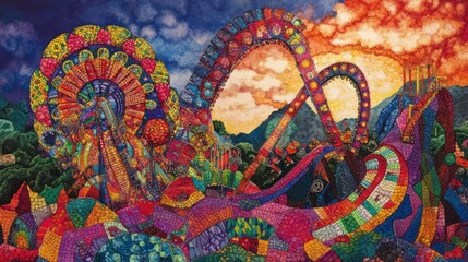 Brightly colored amusement park landscape with rides and mountains