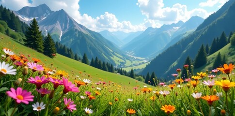 Wildflowers blooming in picturesque alpine valley, beauty, colorful