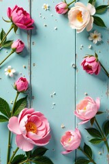 Dainty porcelain flowers and peonies arranged in a delicate floral pattern on a weathered wooden background, vintage home decor, floral motifs, classic floral patterns