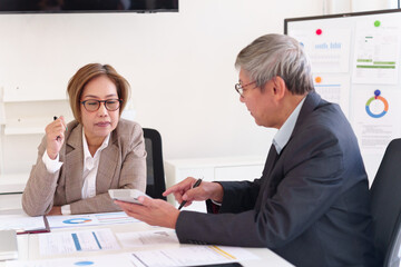 Experienced executives reviewing company performance, discussing financial growth strategies, and planning business development.