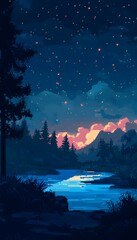 Pixelated landscape depicting a night sky over a tranquil river
