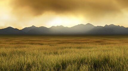 Golden Sunset Over Rolling Hills and Grassy Field