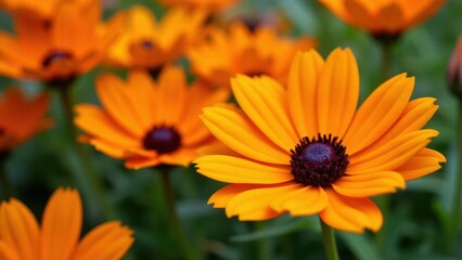 Obraz premium Close-up of vibrant flowers with orange petals and dark centers in a garden setting.