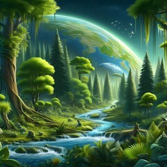 an environmentally friendly world, featuring a lush and vibrant forest with towering trees