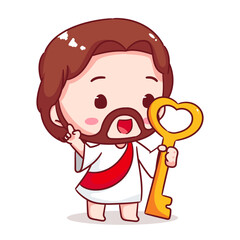 Cute Jesus chibi holding golden key cartoon character. Christian Catholic concept design. Vector icon mascot illustration.