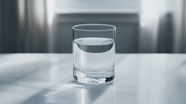 clear glass of water sits on marble surface, reflecting light beautifully. serene atmosphere highlights simplicity and purity of water