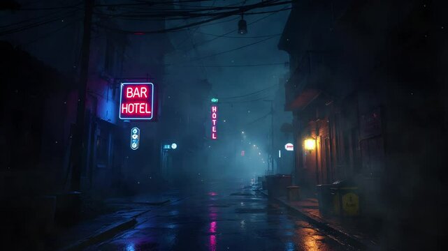 Dimly lit urban street at night with neon signs for a bar and hotel, shrouded in misty atmosphere