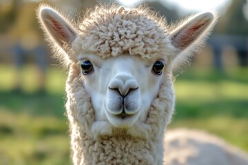 Obraz premium Fluffy alpaca looking at viewer in a green field