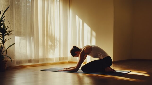 A person doing elbow mobility exercises on a yoga mat in a peaceful room. Featuring recovery and flexibility