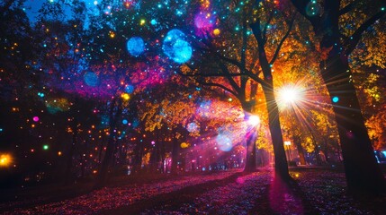 Radiant Bursts: Luminous Orbs Illuminate Night Treescape 