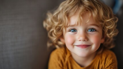 Naklejka premium Portrait of smiling toddler with curly blond hair and blue eyes