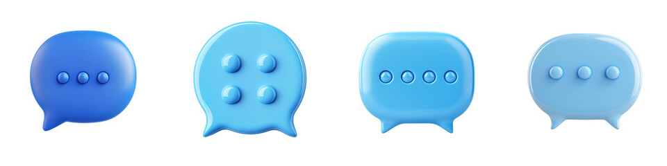 Colorful blue chat bubble icons arranged in a grid representing digital communication messaging and social interaction on various technology platforms and interfaces