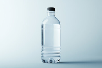 clear plastic water bottle filled with fresh water, showcasing its sleek design and simplicity. This emphasizes hydration and healthy living