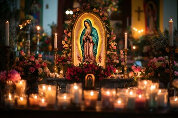 Painting of Virgin Mary surrounded by burning candles and flowers in church