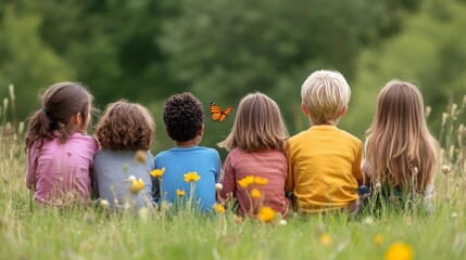 Fototapeta premium Children Watching Butterfly in a Meadow Surrounded by Flowers