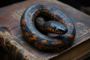 Fototapeta premium Mangrove snake resting on ancient book, displaying vibrant scales