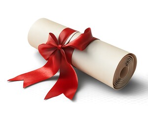 Certificate roll tied with a vibrant red satin ribbon bow