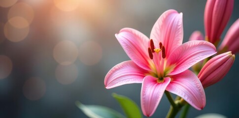 Fototapeta premium Pink lily flowers with soft, feathery textures, fuzzy, fine