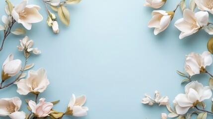 Floral frame on pastel blue 