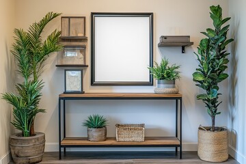 Modern entryway console table with plants and framed art