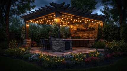 Fototapeta premium Outdoor Kitchen Gazebo at Dusk